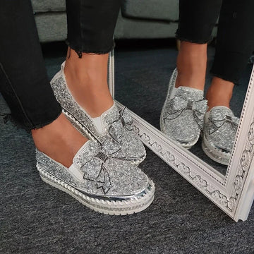 Xajzpa Fashion Rhinestones Woman Shoes Women Shining Rhinestone Slip-on Loafers Bowknot Lazy Casual  Plataforma Mujer